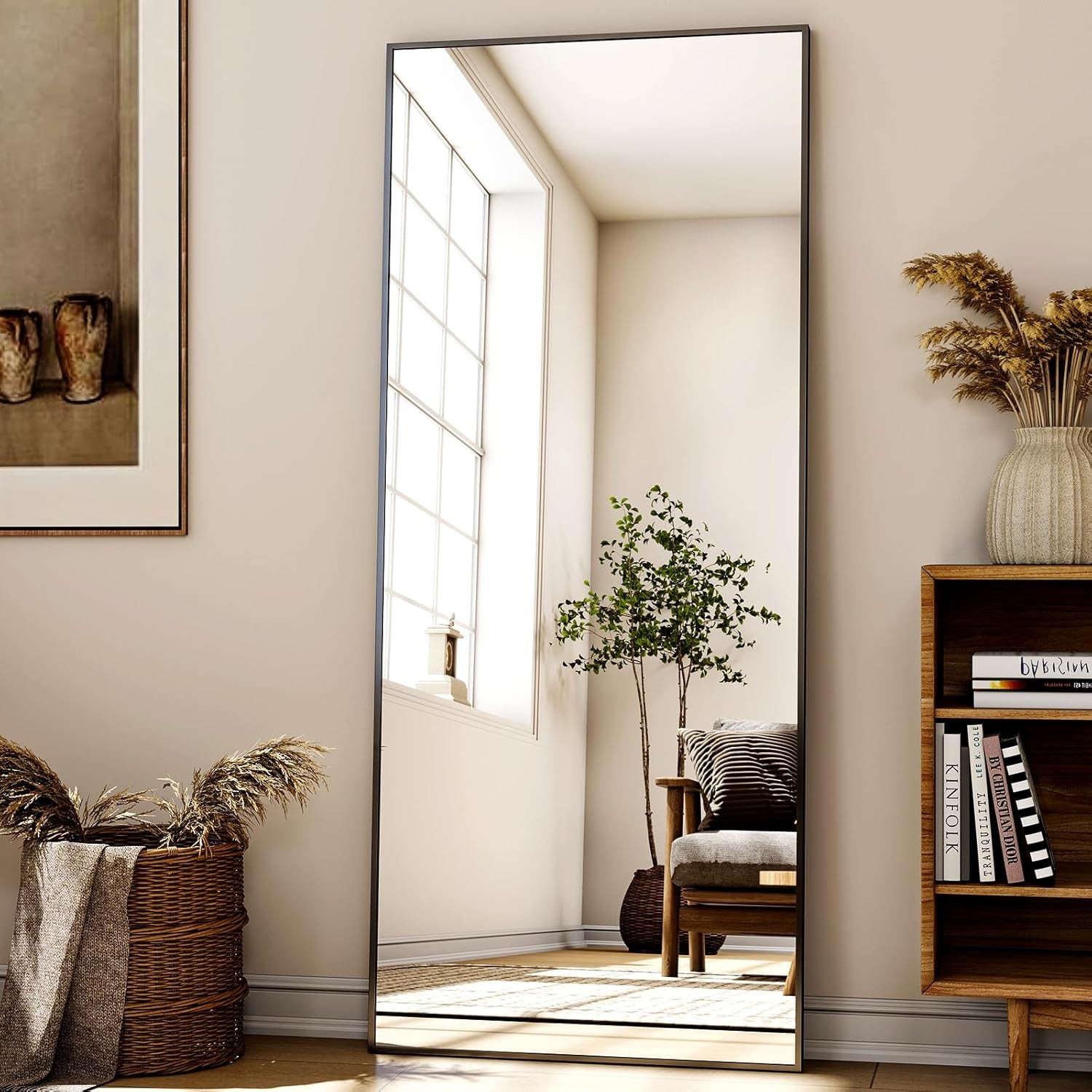 68"X 24" Full Length Mirror with Stand, Large Wall-Mounted or Leaning Floor Mirror with Aluminum Alloy Frame, Rectangular Wall Mirrors for Bedroom, Entryway, and Living Room Decor, Black