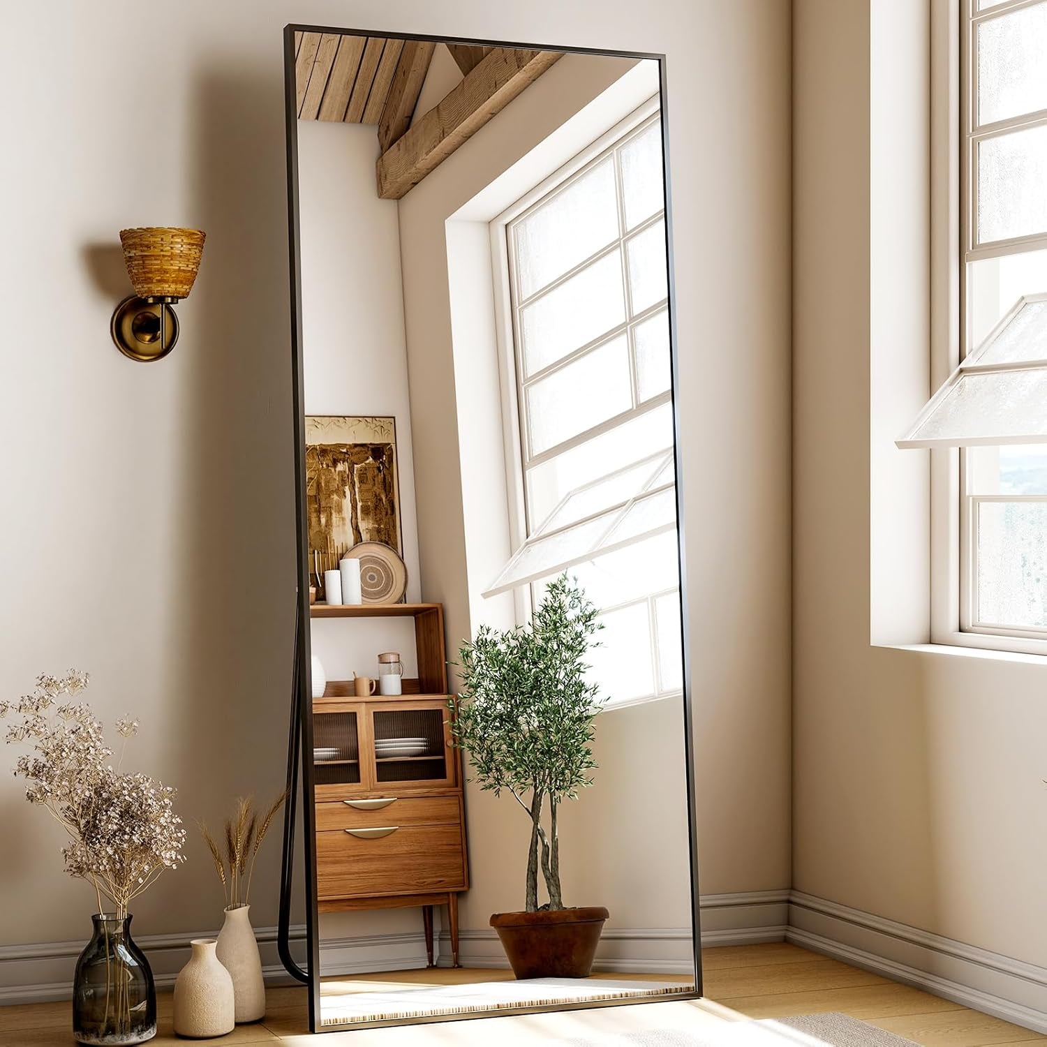 68"X 24" Full Length Mirror with Stand, Large Wall-Mounted or Leaning Floor Mirror with Aluminum Alloy Frame, Rectangular Wall Mirrors for Bedroom, Entryway, and Living Room Decor, Black