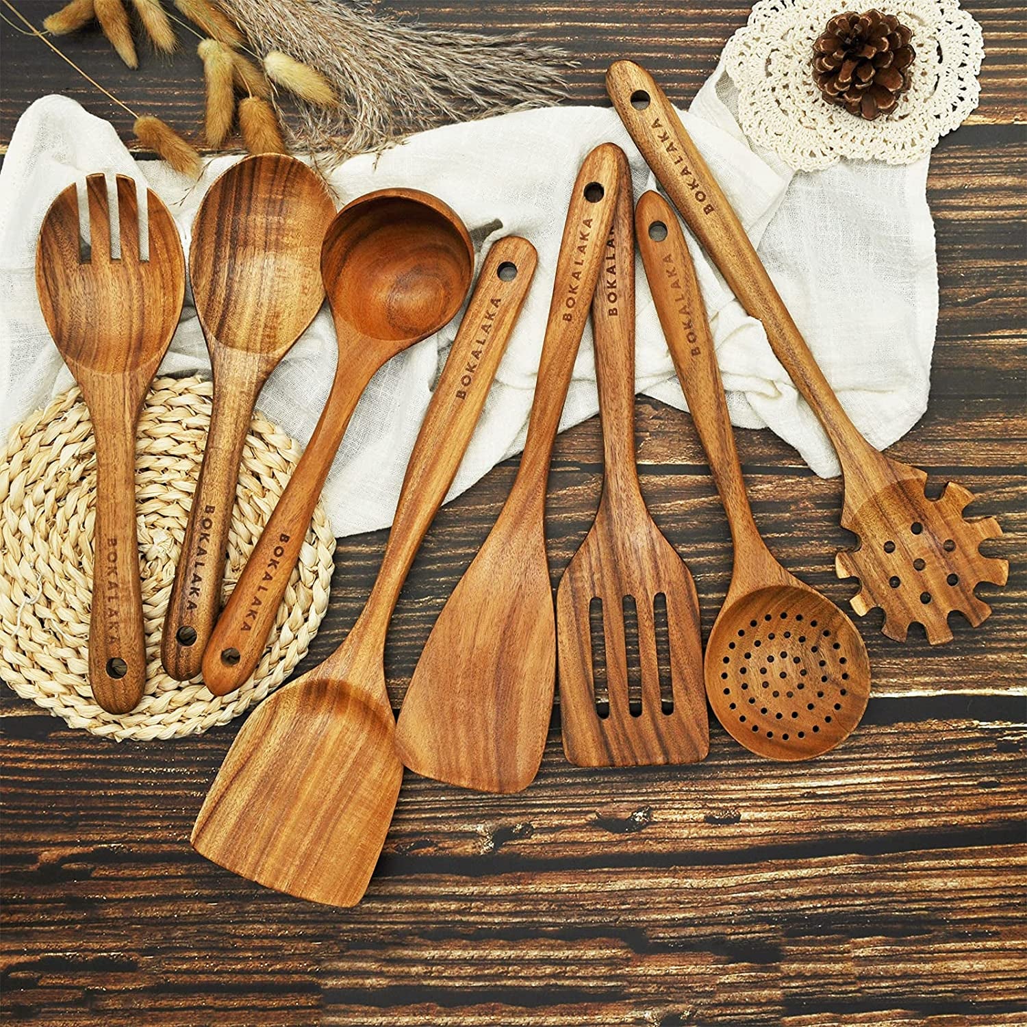 Teak Wooden Spoons for Cooking - 8Pcs Kitchen Utensils Set with Spatulas
