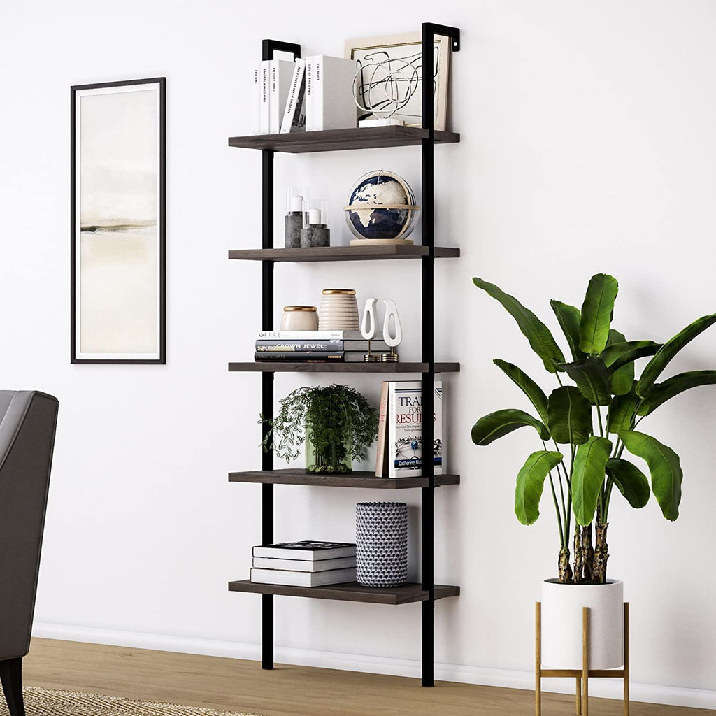 5 Tier Shelf Wood Ladder Bookcase W/ Metal Frame Industrial Modern Bookshelf