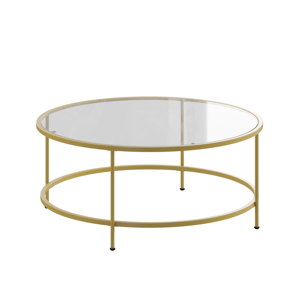 Astoria Collection round Coffee Table - Modern Clear Glass Coffee Table with Brushed Gold Frame