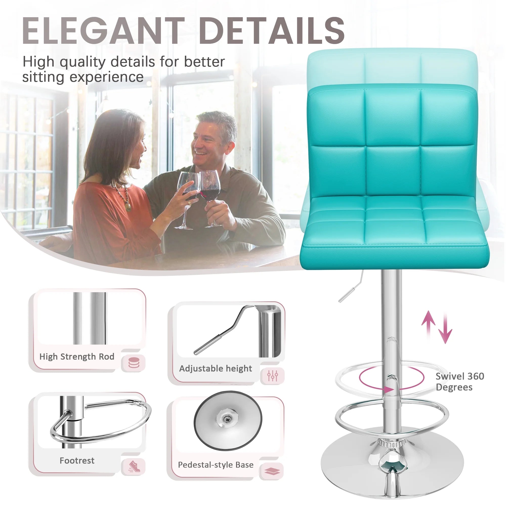 Bar Stools Set of 2 Modern PU Leather Hydraulic Kitchen Counter Square Island Height Adjustable Swivel Barstool with Back, Blue