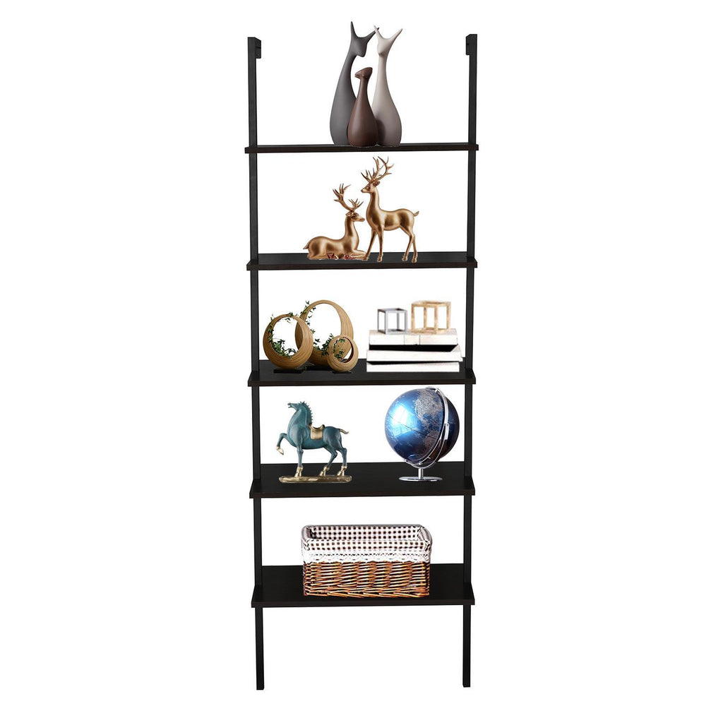 5 Tier Shelf Wood Ladder Bookcase W/ Metal Frame Industrial Modern Bookshelf