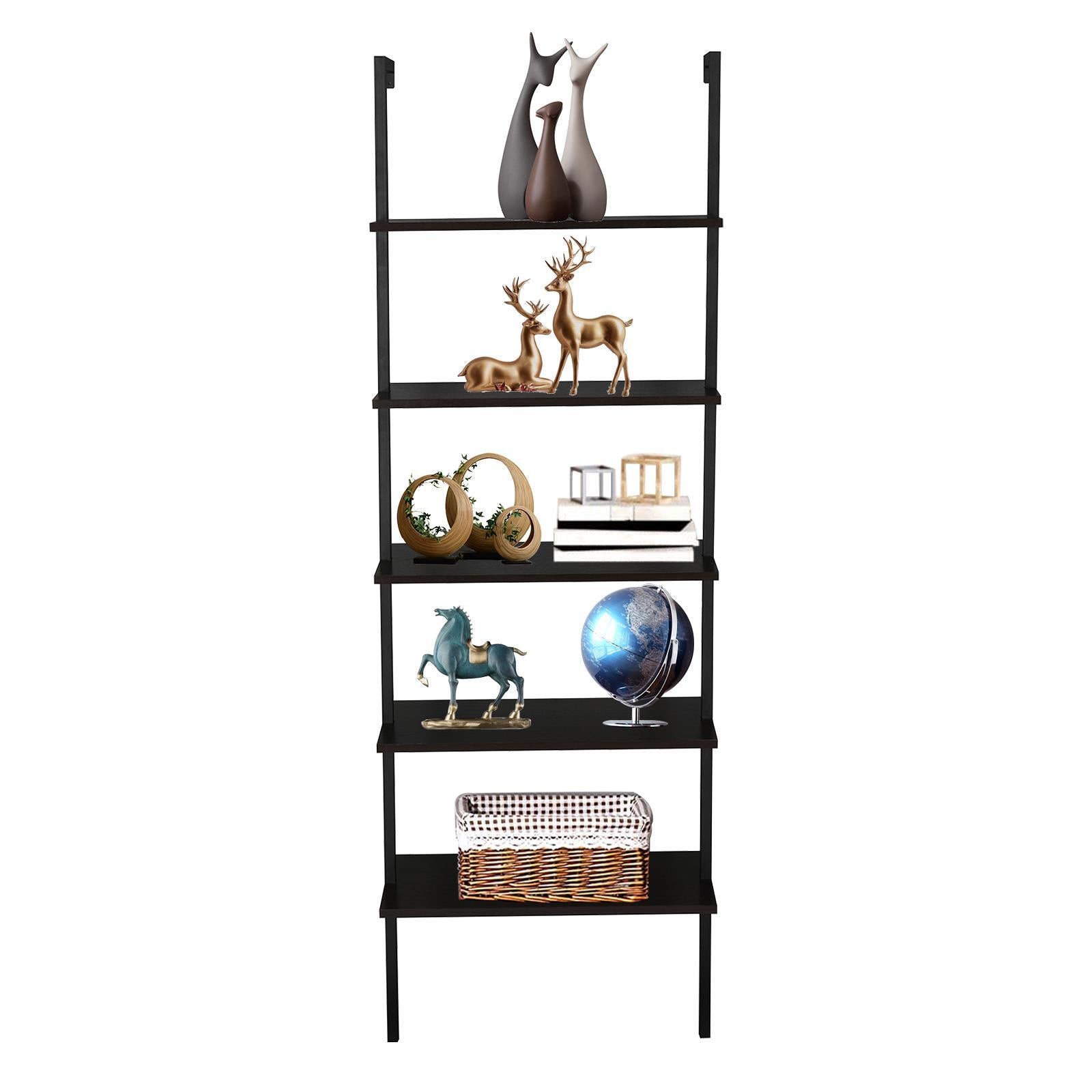 5 Tier Shelf Wood Ladder Bookcase W/ Metal Frame Industrial Modern Bookshelf