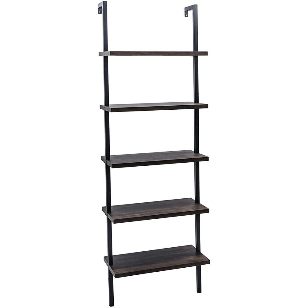 5 Tier Shelf Wood Ladder Bookcase W/ Metal Frame Industrial Modern Bookshelf