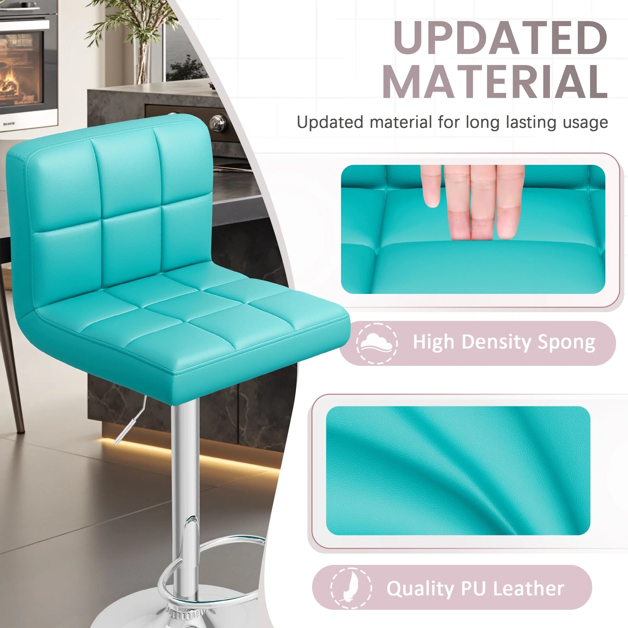 Bar Stools Set of 2 Modern PU Leather Hydraulic Kitchen Counter Square Island Height Adjustable Swivel Barstool with Back, Blue