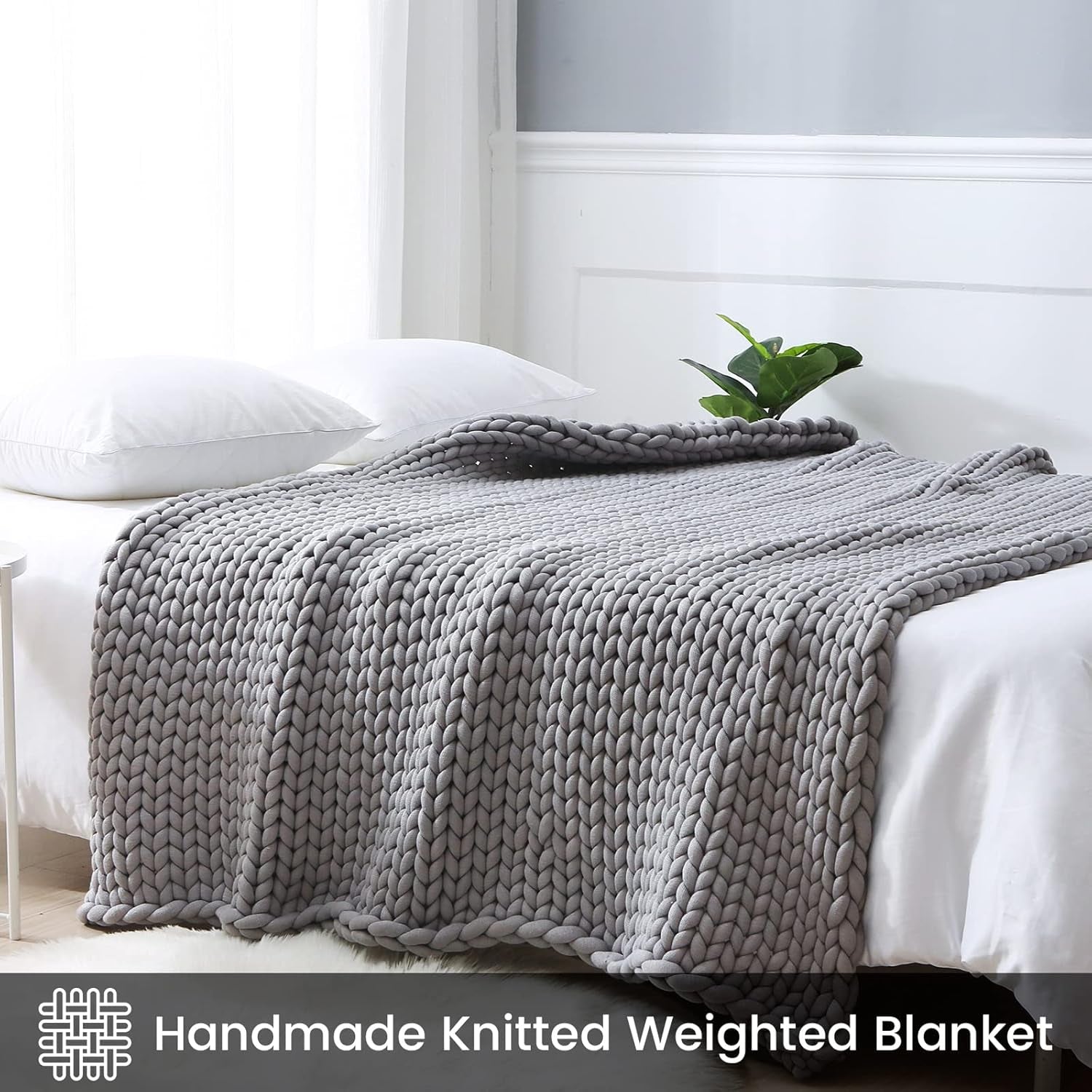 Chunky Knitted Weighted Blanket (Light Grey, 48''X72'', 12 Lbs), Cool Weighted Blanket Twin Size for Couch Bed, Handmade Breathable Evenly Weighted Throw for Sleep, Perfect for Home Decor
