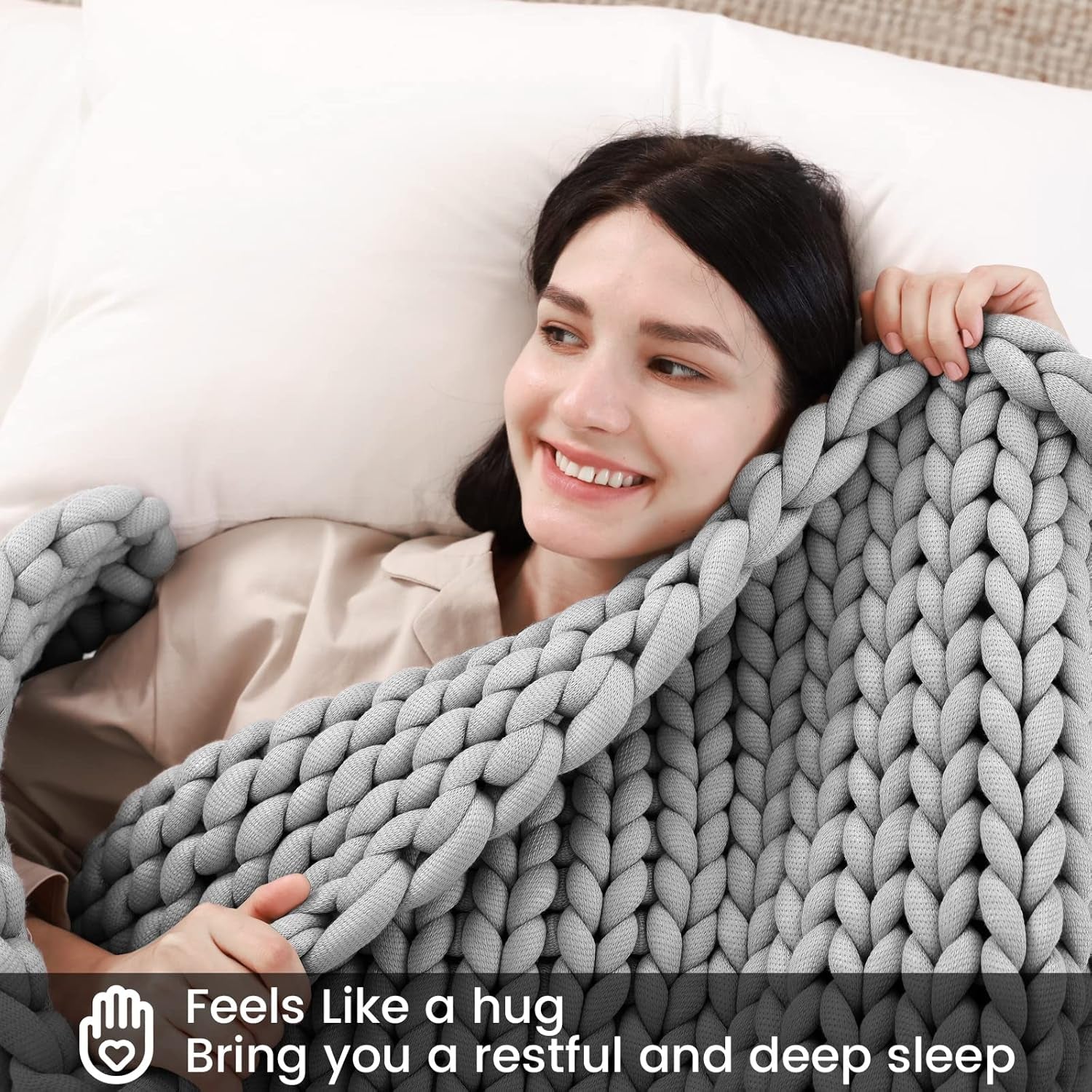 Chunky Knitted Weighted Blanket (Light Grey, 48''X72'', 12 Lbs), Cool Weighted Blanket Twin Size for Couch Bed, Handmade Breathable Evenly Weighted Throw for Sleep, Perfect for Home Decor