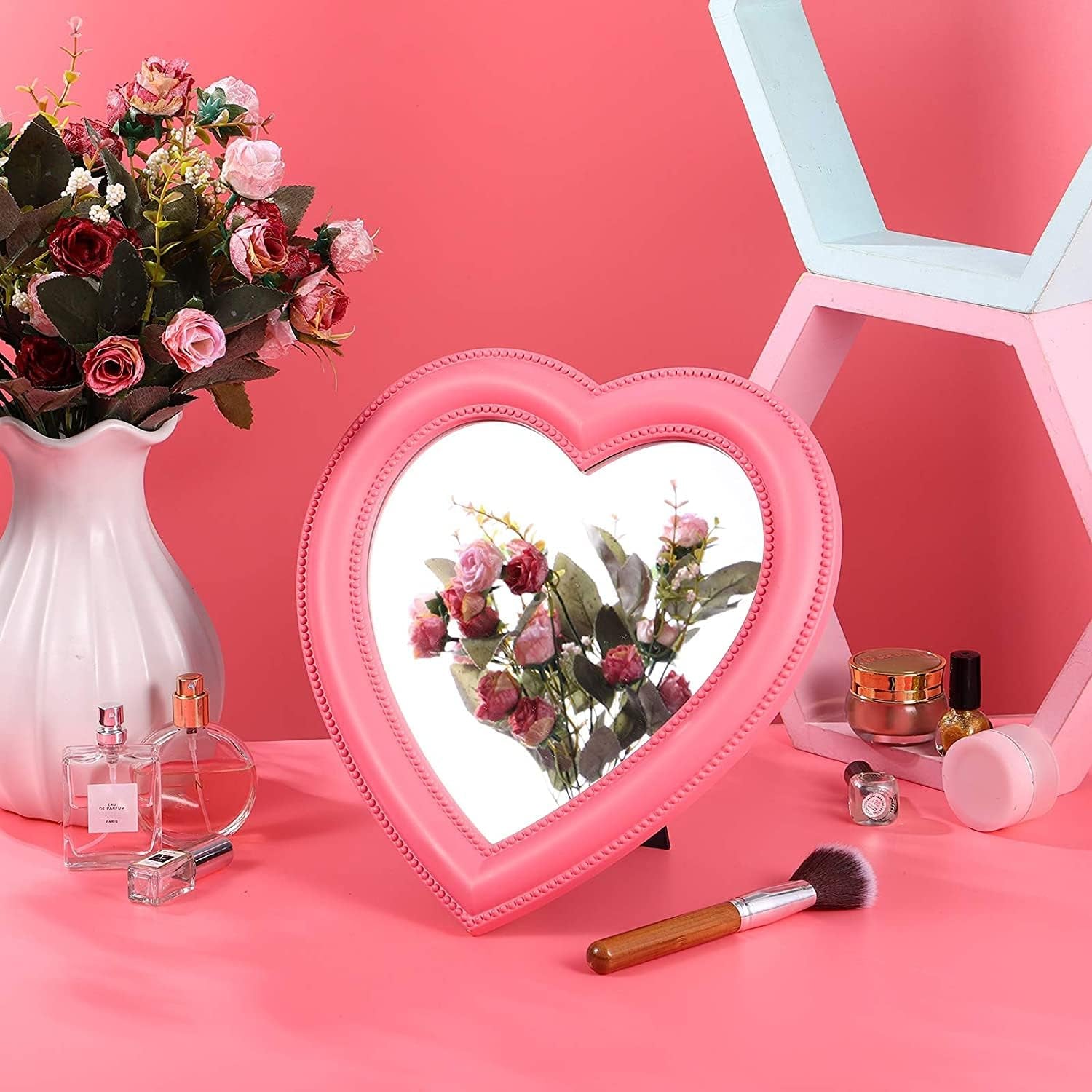 Heart Makeup Mirror Heart Mirror Cosmetic Mirror Wall Desktop Mirror Bedroom Mirror (Pink)