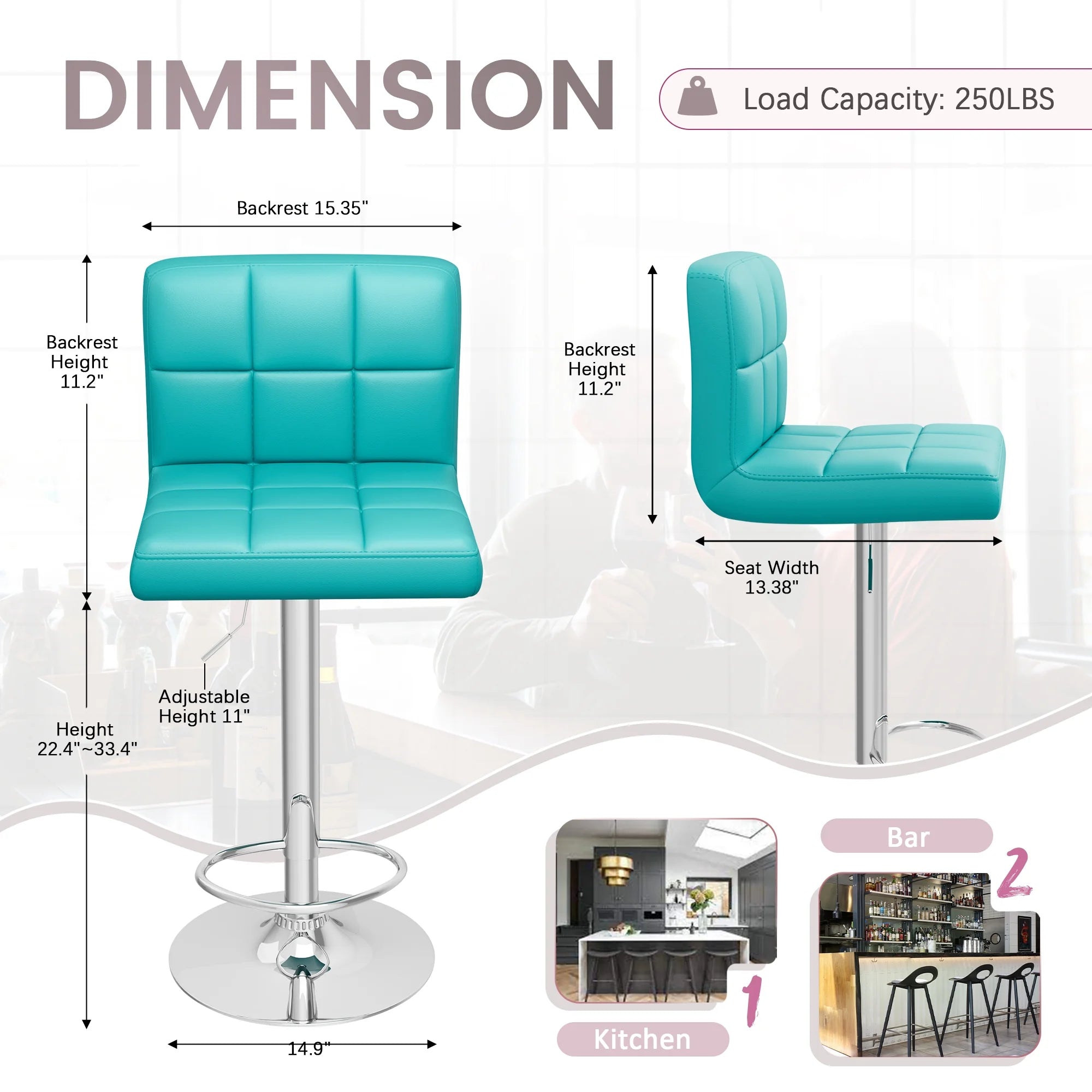 Bar Stools Set of 2 Modern PU Leather Hydraulic Kitchen Counter Square Island Height Adjustable Swivel Barstool with Back, Blue