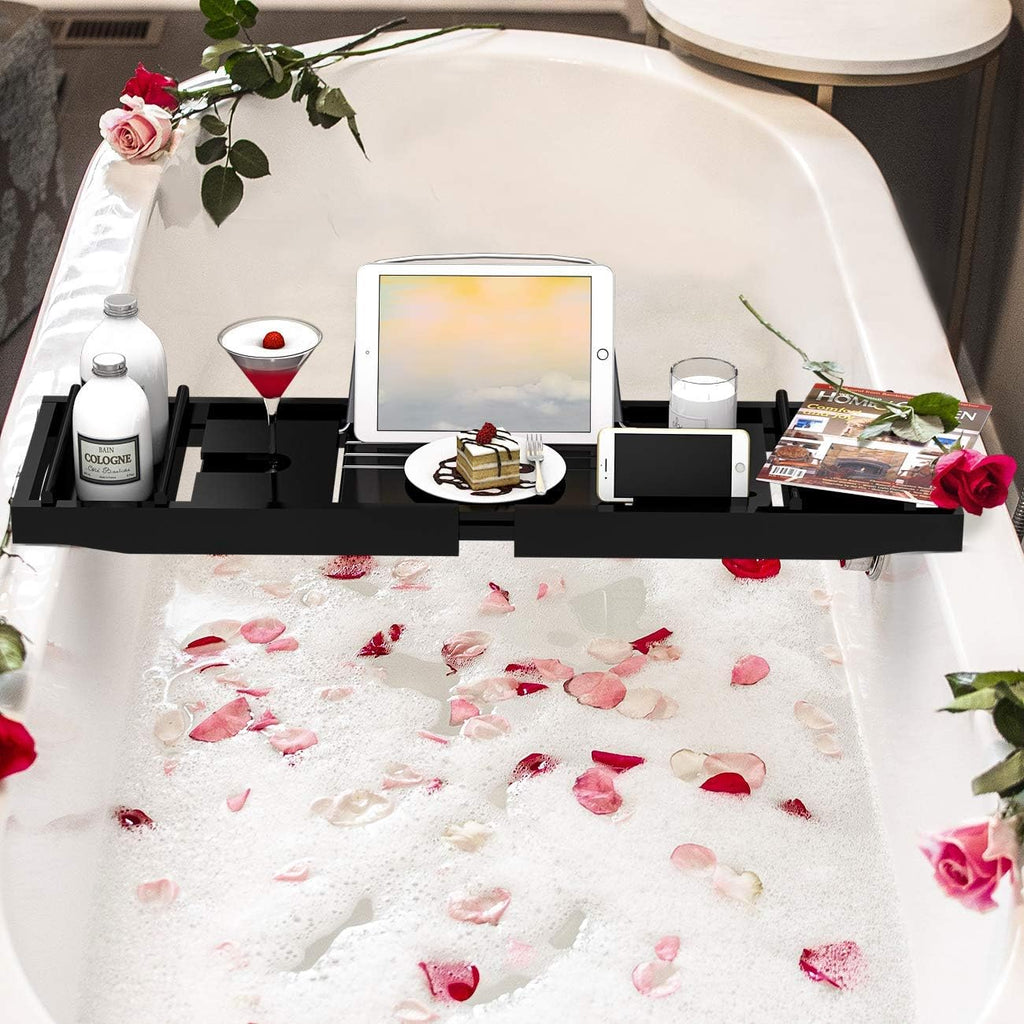 Bathtub Caddy Tray Expandable Bamboo Tub Tray for Luxury Bath with Book Holder and Free Soap Dish Black