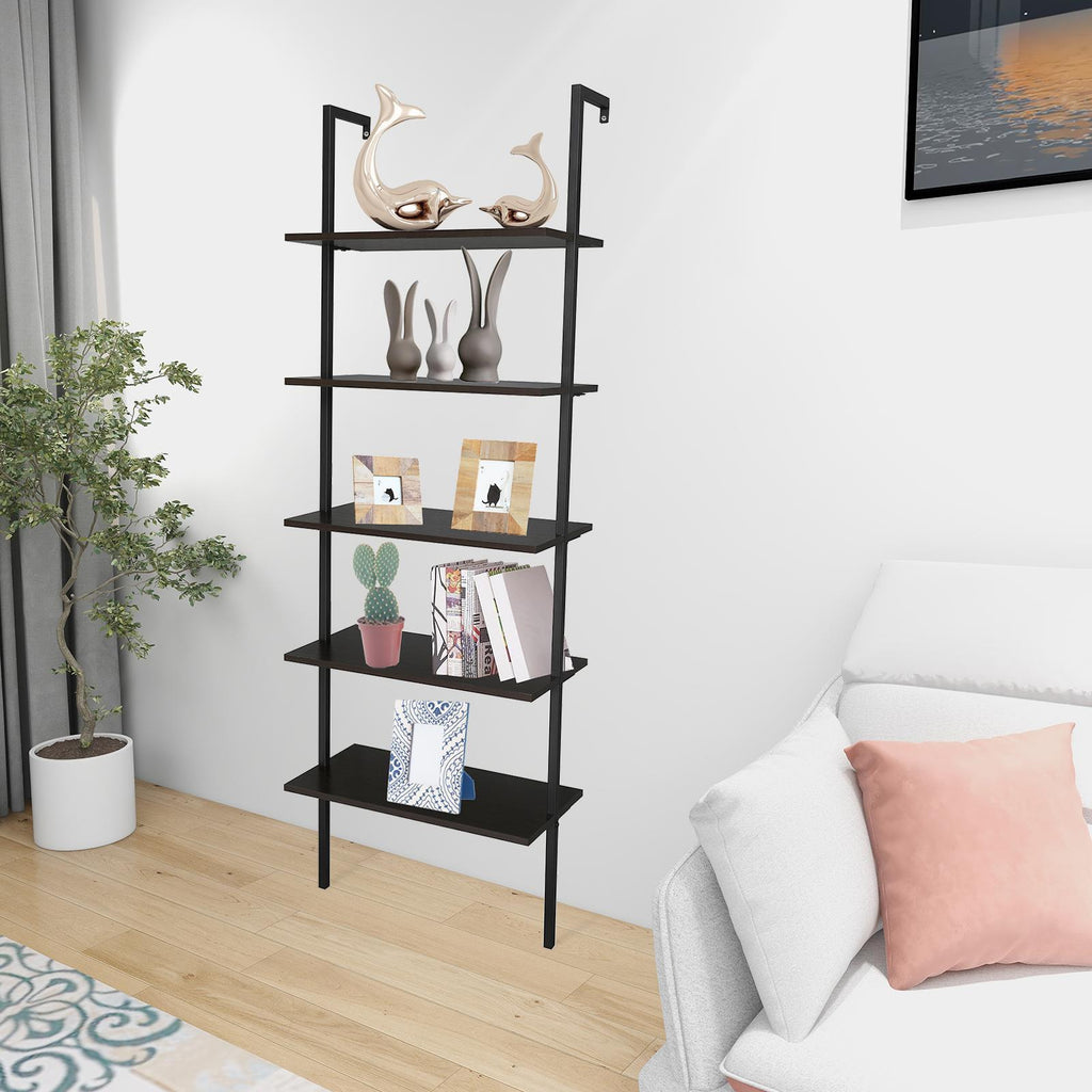 5 Tier Shelf Wood Ladder Bookcase W/ Metal Frame Industrial Modern Bookshelf