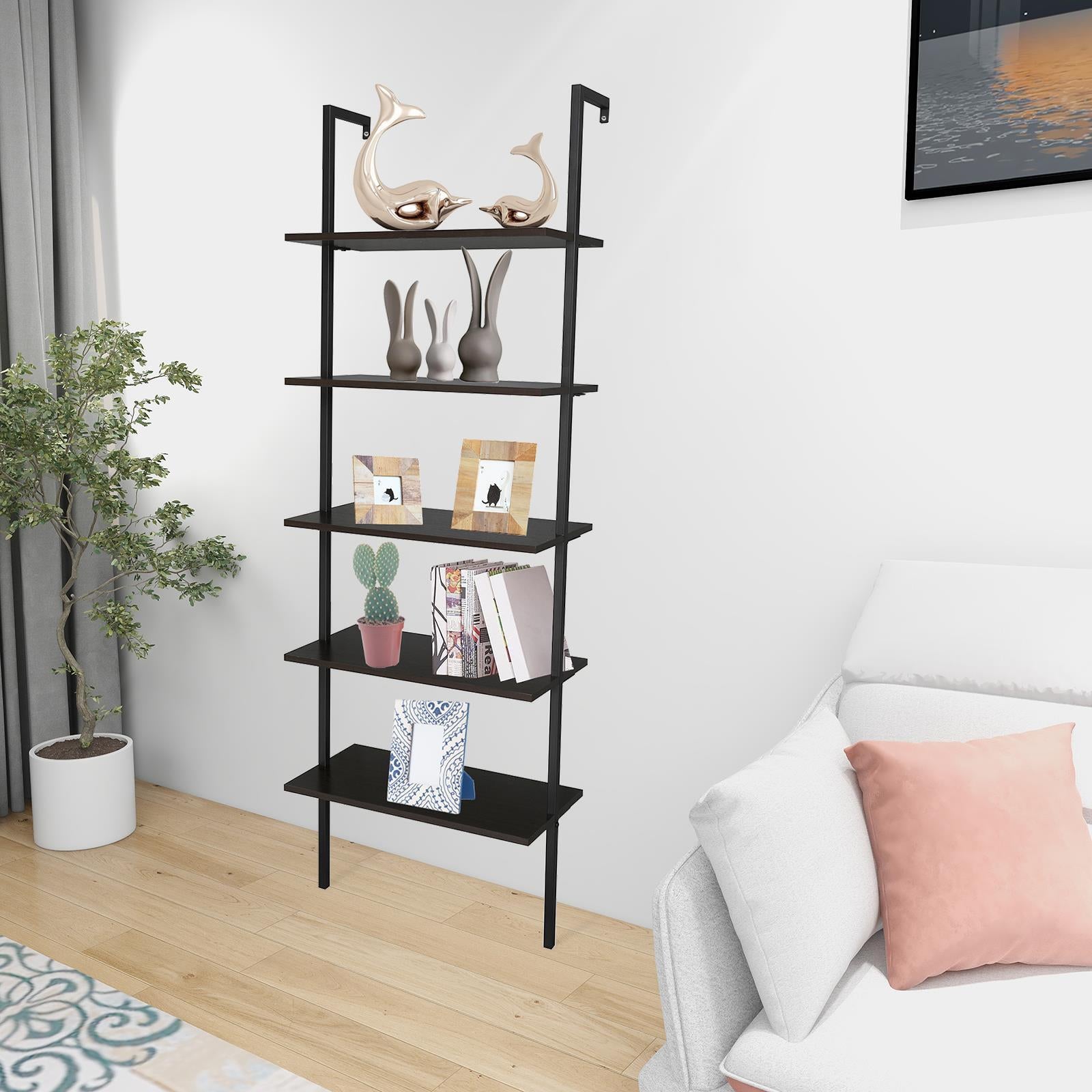 5 Tier Shelf Wood Ladder Bookcase W/ Metal Frame Industrial Modern Bookshelf