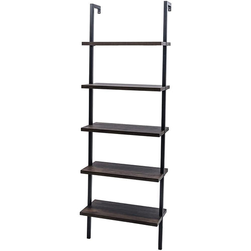 5 Tier Shelf Wood Ladder Bookcase W/ Metal Frame Industrial Modern Bookshelf