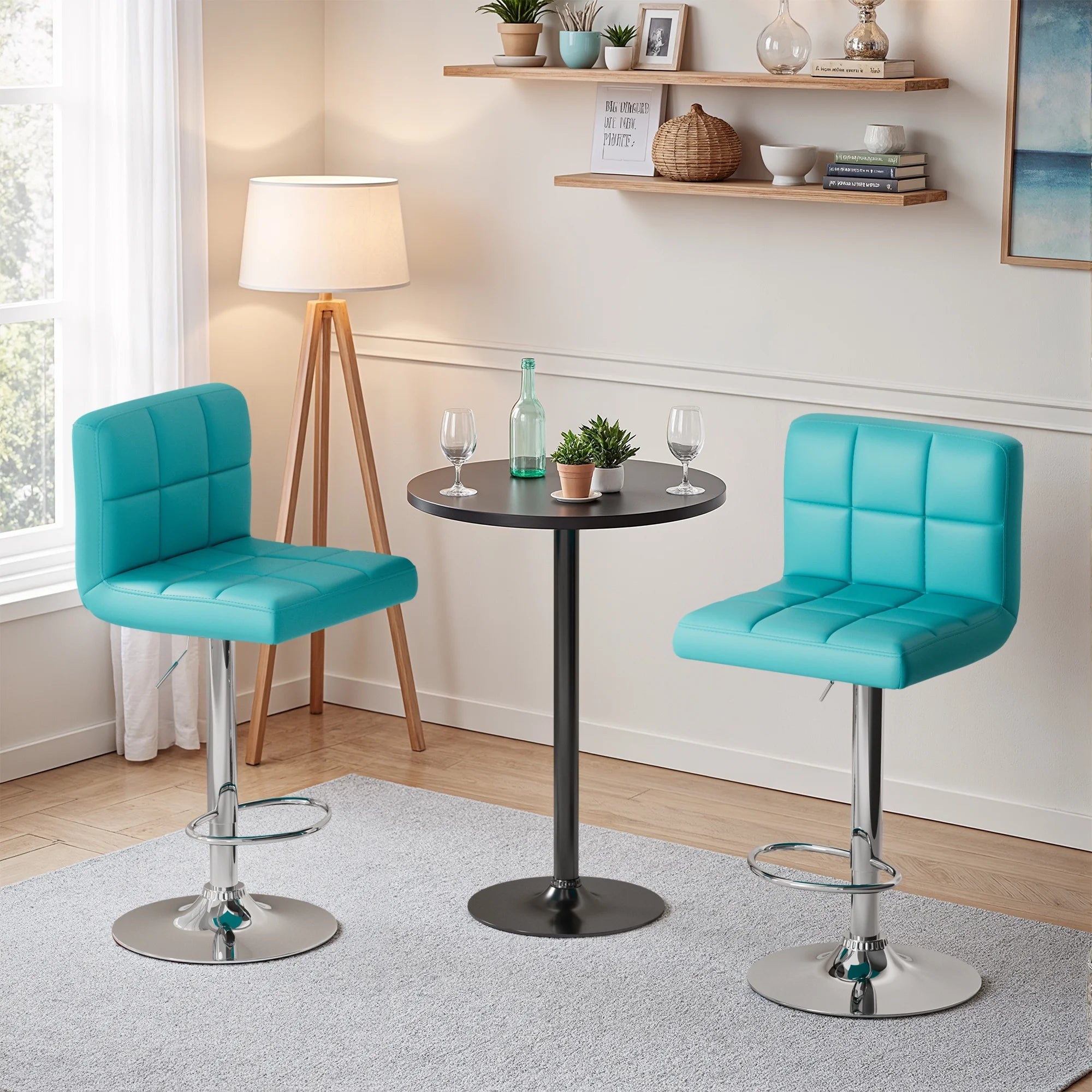 Bar Stools Set of 2 Modern PU Leather Hydraulic Kitchen Counter Square Island Height Adjustable Swivel Barstool with Back, Blue