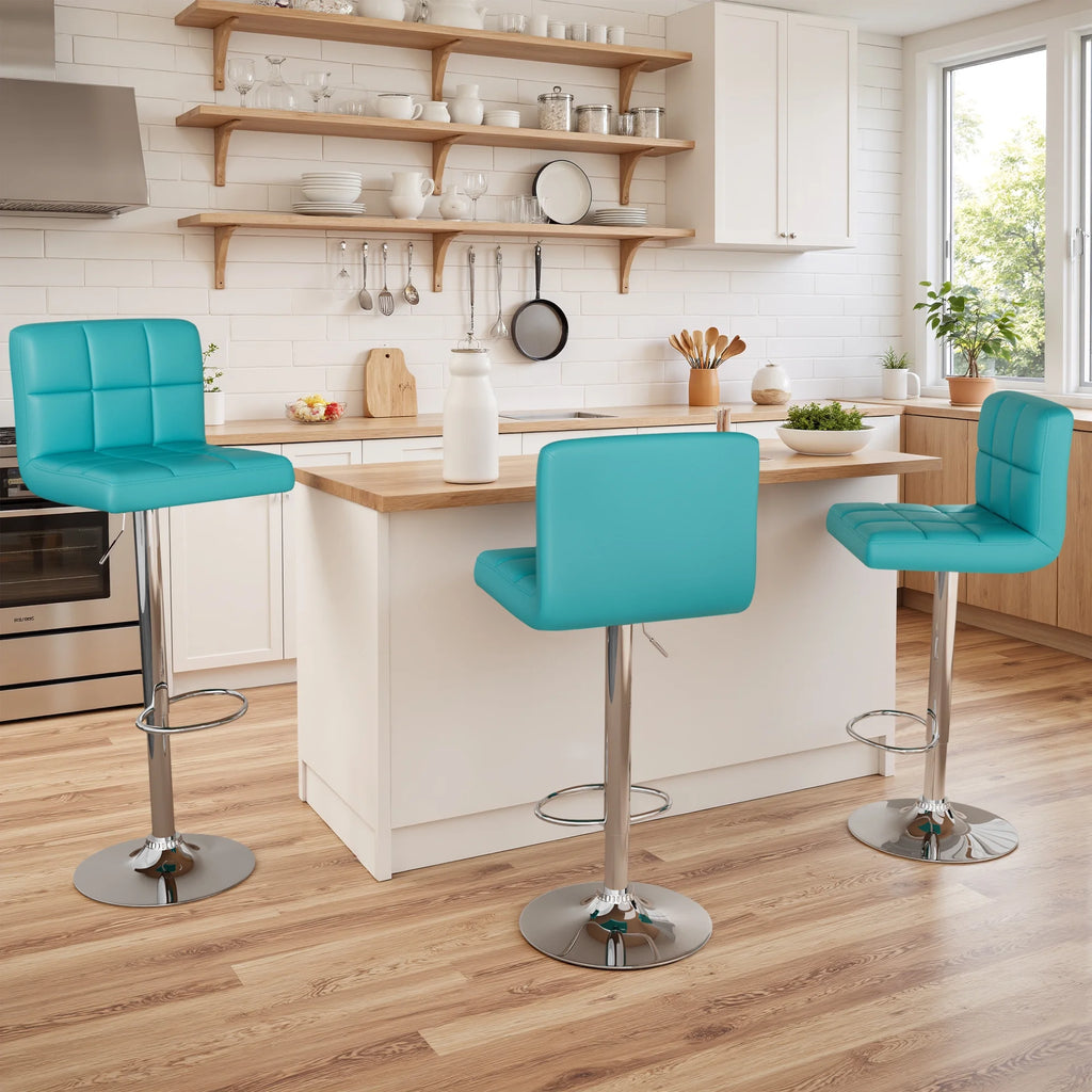 Bar Stools Set of 2 Modern PU Leather Hydraulic Kitchen Counter Square Island Height Adjustable Swivel Barstool with Back, Blue