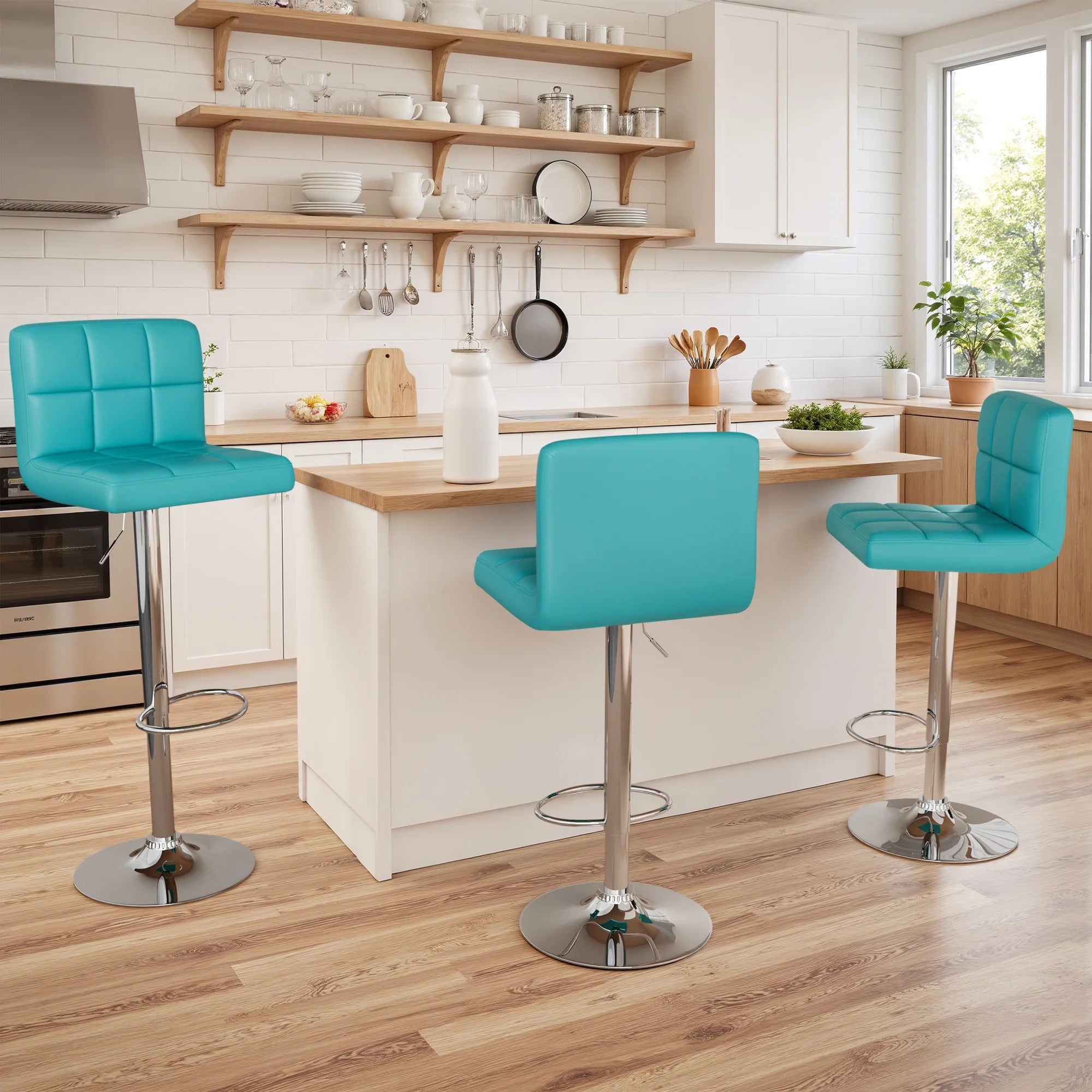 Bar Stools Set of 2 Modern PU Leather Hydraulic Kitchen Counter Square Island Height Adjustable Swivel Barstool with Back, Blue