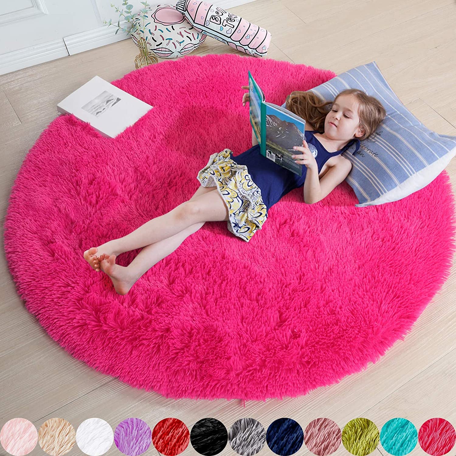 Hot Pink round Rug 4Ft for Girls Bedroom, Fluffy Circle Area Rugs for Kids Room Decor Aesthetic, Shag Plush Fuzzy Furry Carpet for Living Room, Nursery, Dorm, Classroom, Teen, Cute Shaggy Baby Rug
