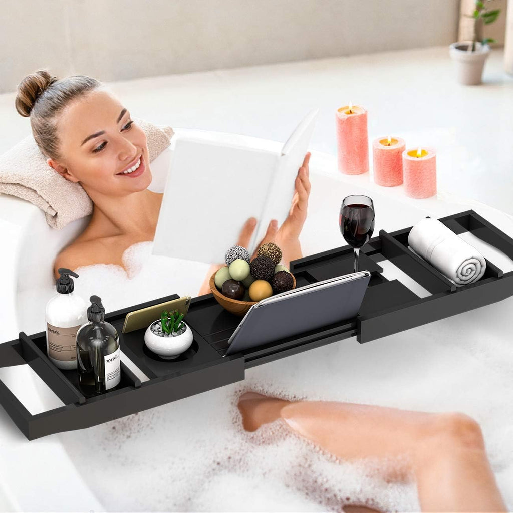Bathtub Caddy Tray Expandable Bamboo Tub Tray for Luxury Bath with Book Holder and Free Soap Dish Black