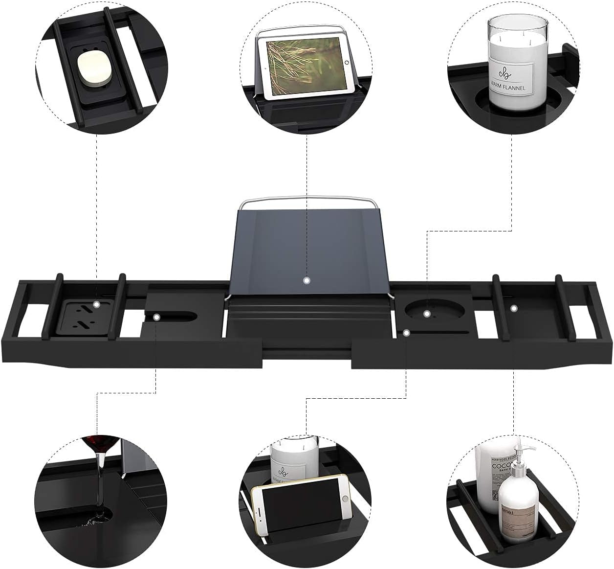 Bathtub Caddy Tray Expandable Bamboo Tub Tray for Luxury Bath with Book Holder and Free Soap Dish Black