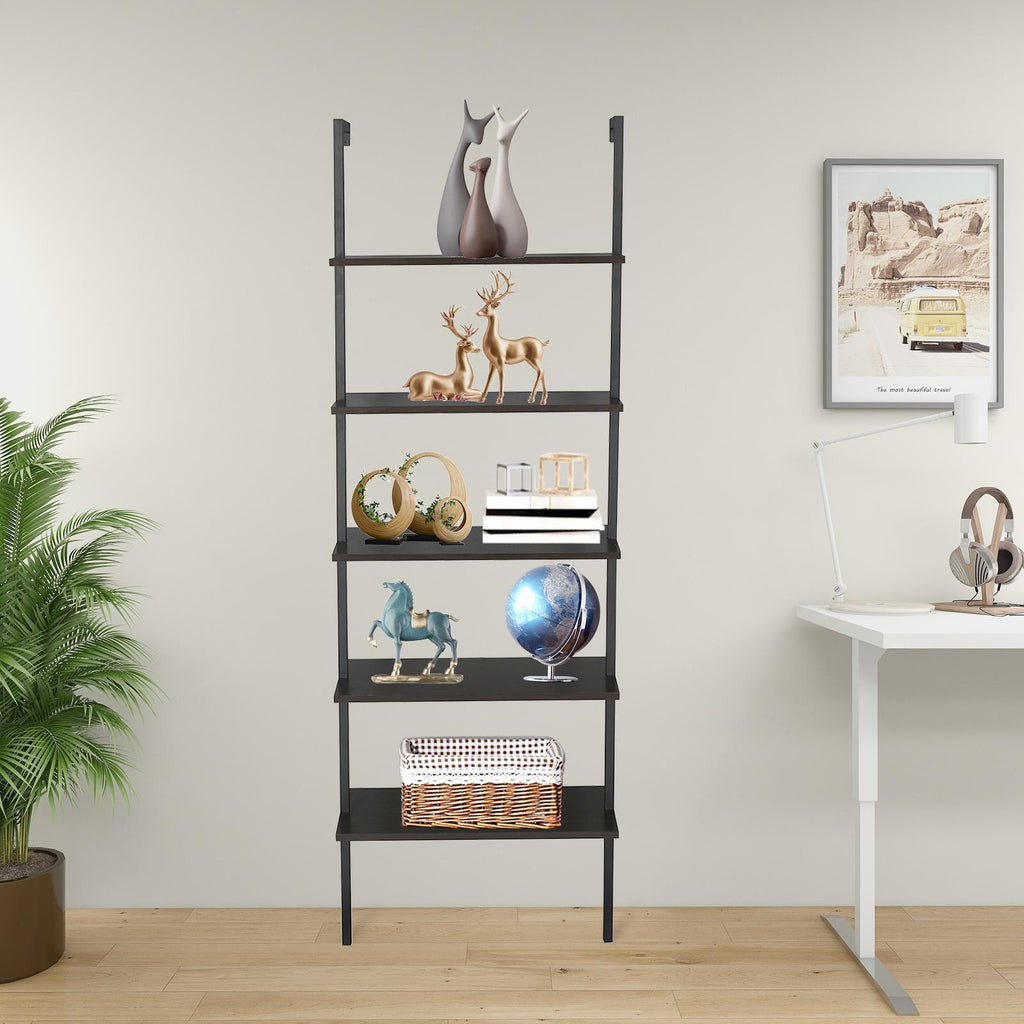 5 Tier Shelf Wood Ladder Bookcase W/ Metal Frame Industrial Modern Bookshelf