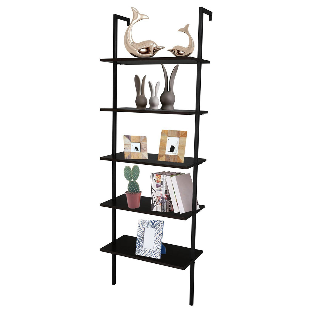 5 Tier Shelf Wood Ladder Bookcase W/ Metal Frame Industrial Modern Bookshelf