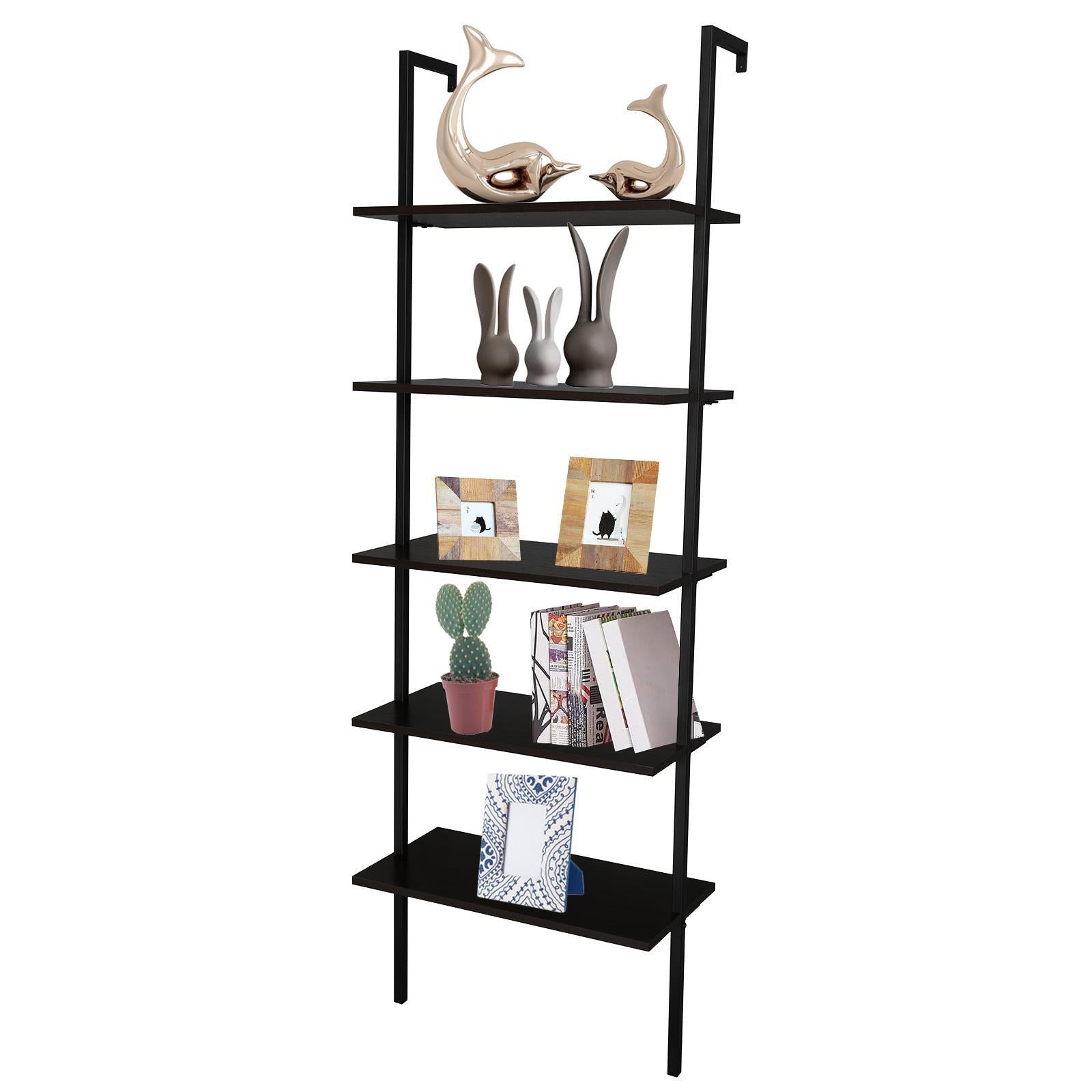5 Tier Shelf Wood Ladder Bookcase W/ Metal Frame Industrial Modern Bookshelf