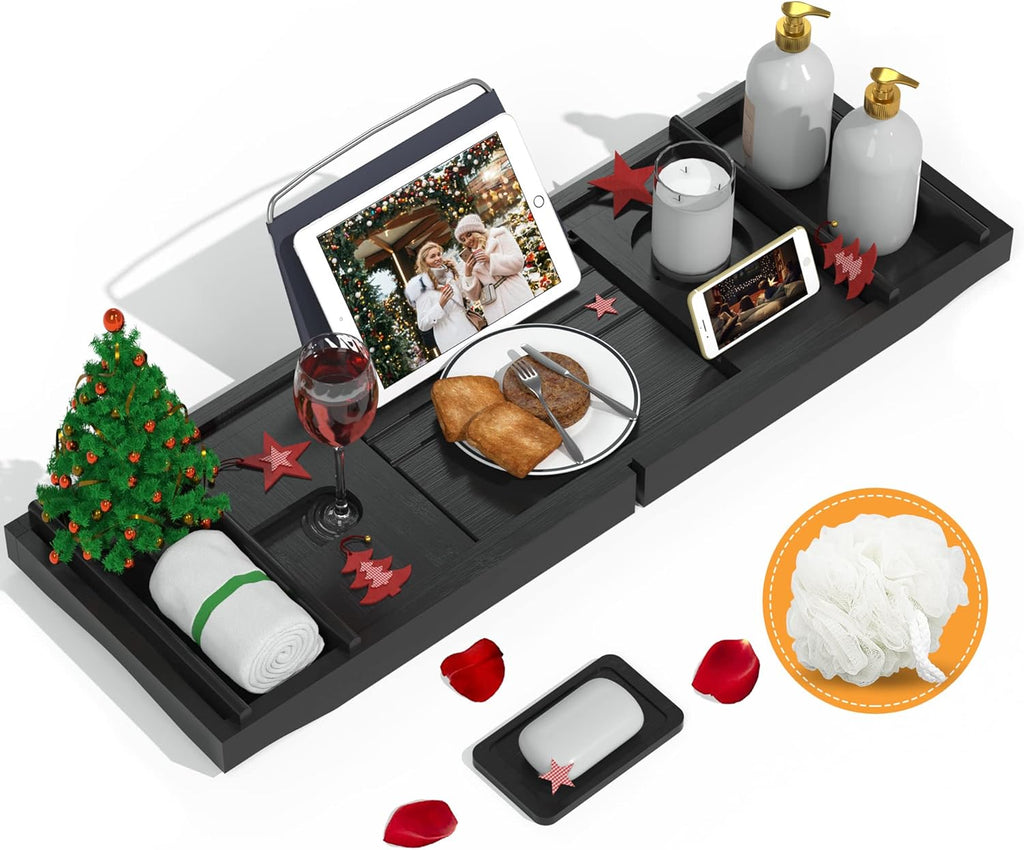 Bathtub Caddy Tray Expandable Bamboo Tub Tray for Luxury Bath with Book Holder and Free Soap Dish Black